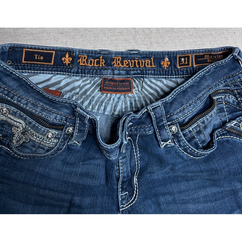 Rock Revival Tia Jeans Women's 31 Blue Denim Mid Rise Skinny Embellished Pockets - Picture 2 of 12